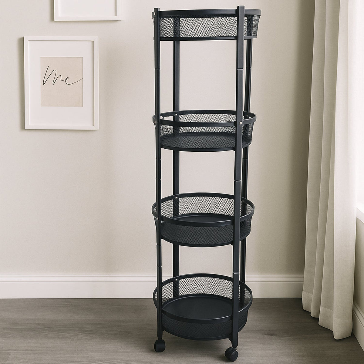 4-Layer Round Metal Folding Storage Trolley with Mesh Baskets and Wheels – Multi-Purpose Organizer Rack (1 Pc)