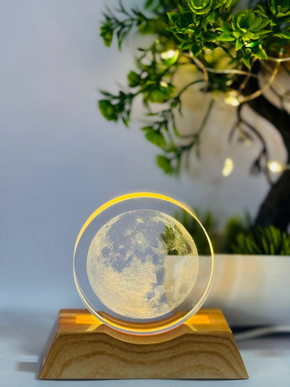 3D Moon LED Night Lamp with Wooden Base