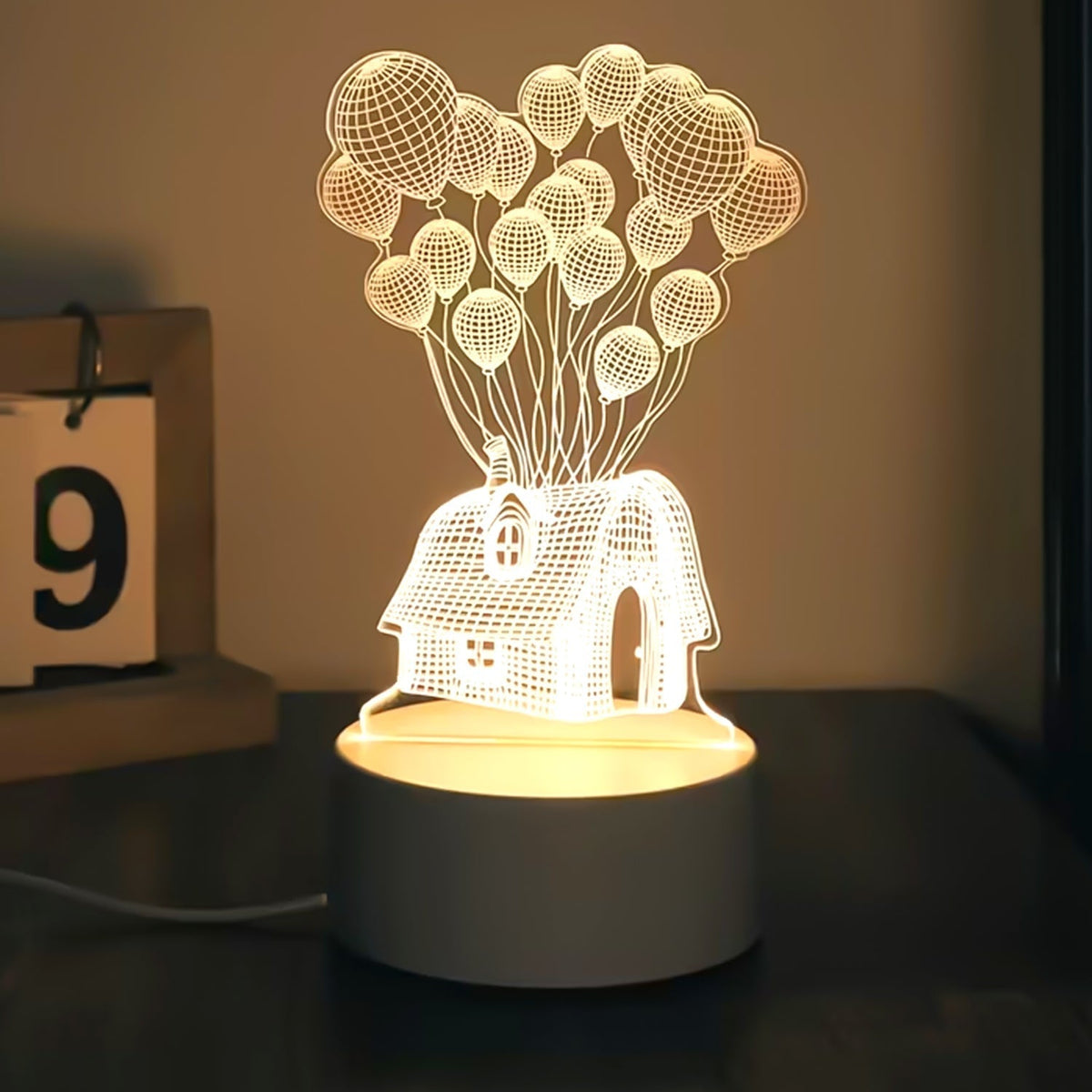 3D Illusion LED Night Lamp with House and Balloons Design