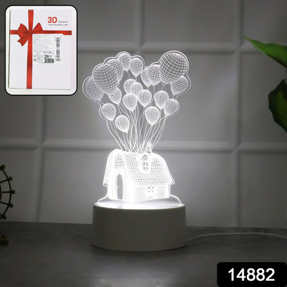 3D Illusion LED Night Lamp with House and Balloons Design