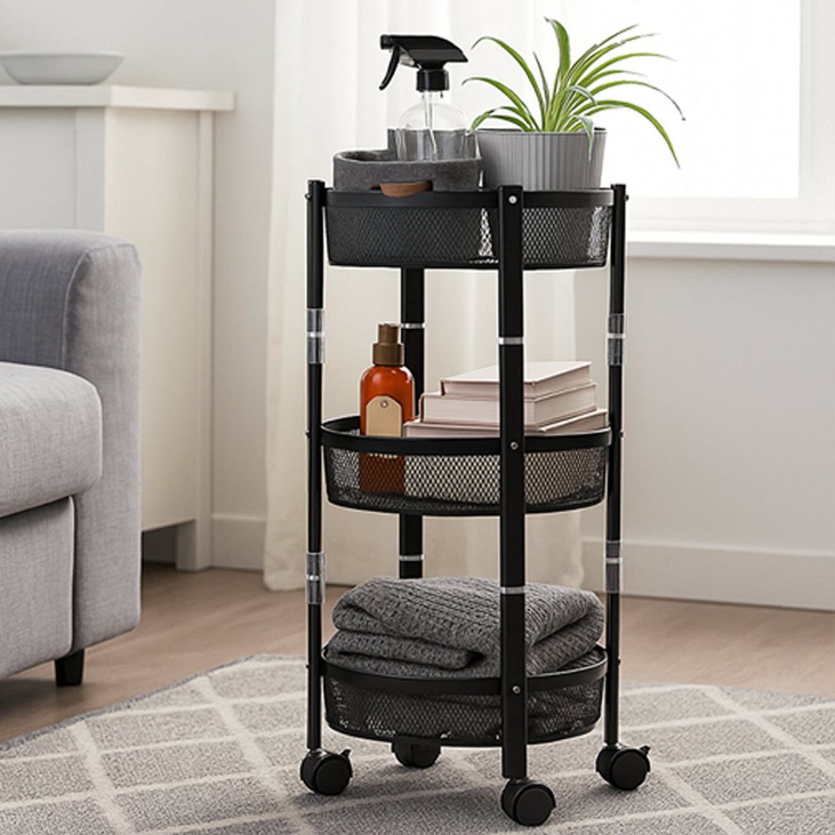 3-Layer Round Metal Mesh Utility Storage Trolley with Wheels